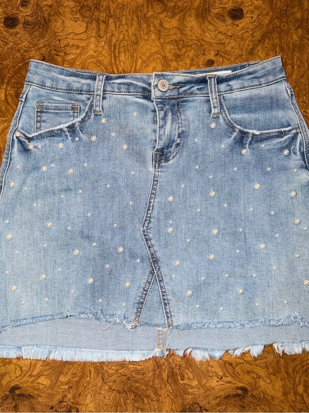 Light Blue Pearl-Embellished Denim Skirt